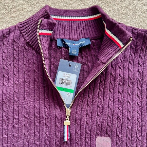 Tommy Hilfiger Women's Cotton Quarter Zip Cable Knit Sweater - Aubergine Color - Picture 2 of 7